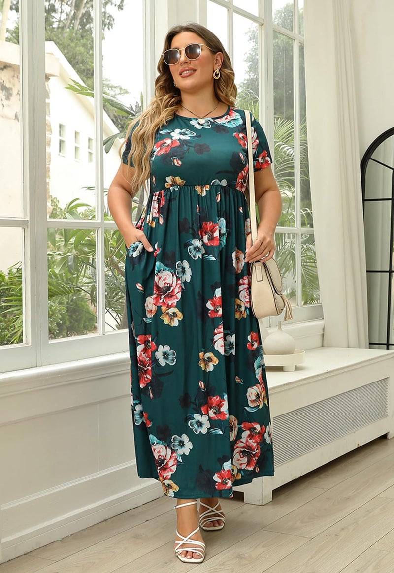 Nemidor Plus Size Maxi Dresses for Curvy Women Summer Casual Loose Short Sleeve Long Beach Dress with Pocket(149,26,Green Print) - Image 3